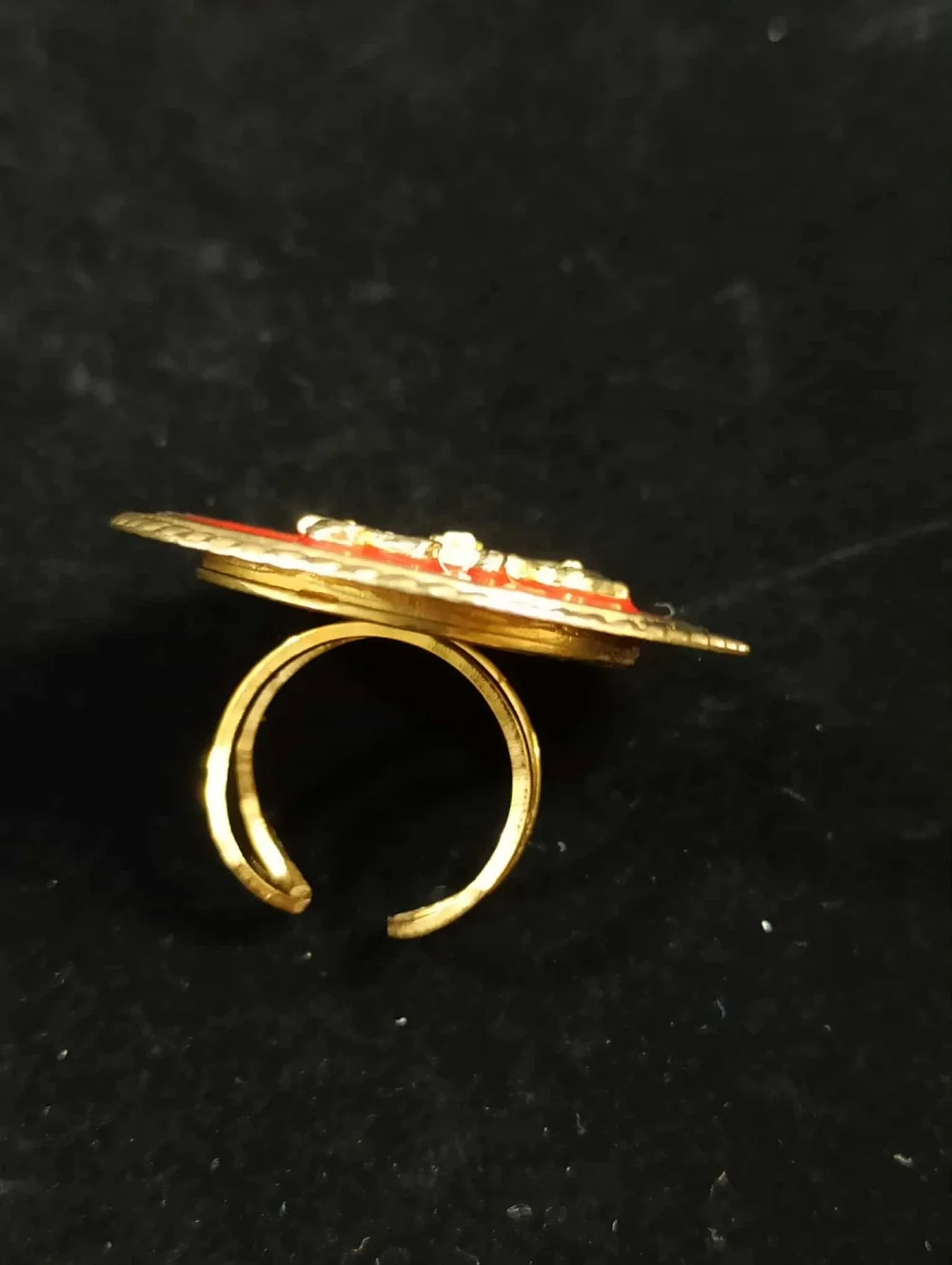Vintage 80’s Nautical Ship Wheel Red Enamel Gold Tone Statement Ring Adjustable